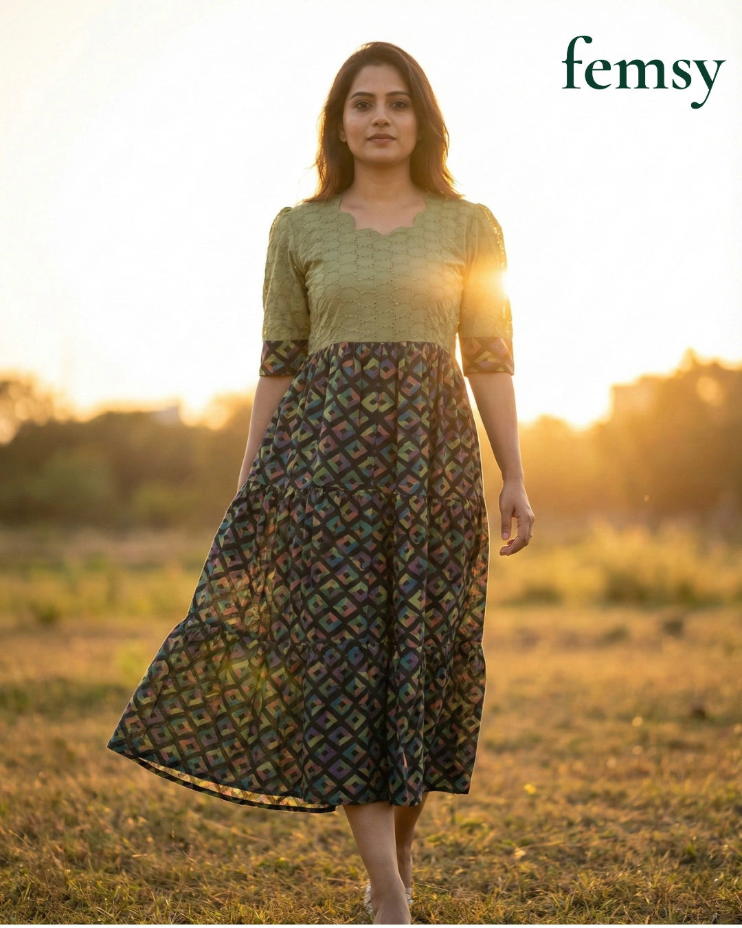 Sage Green Hakoba & Tiered Geometric Print Maxi Dress