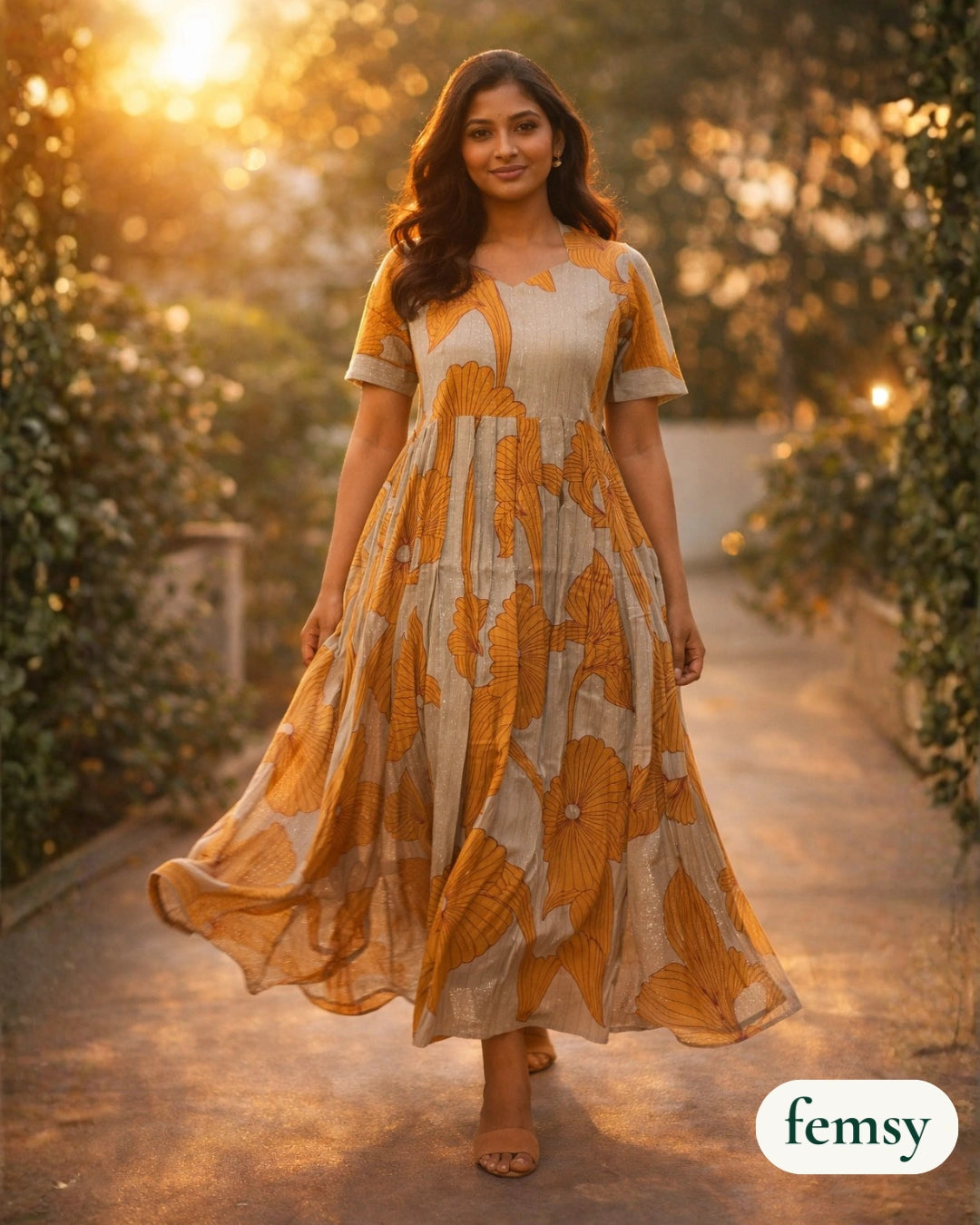 Femsy Two-Tone Cotton Lurex Floral Maxi Dress for Women