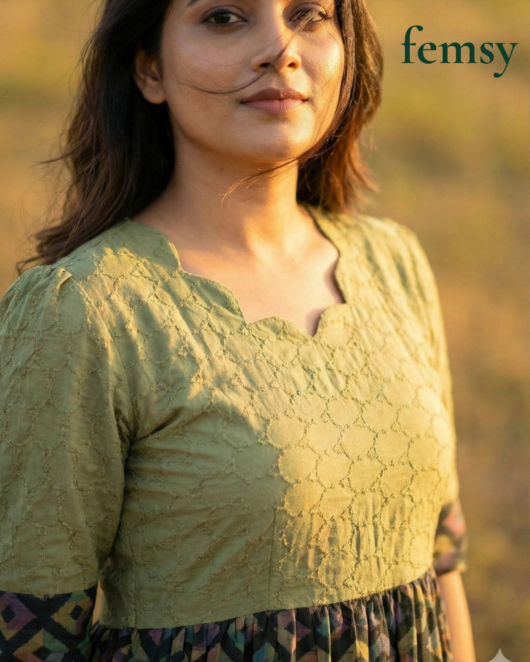 Sage Green Hakoba & Tiered Geometric Print Maxi Dress