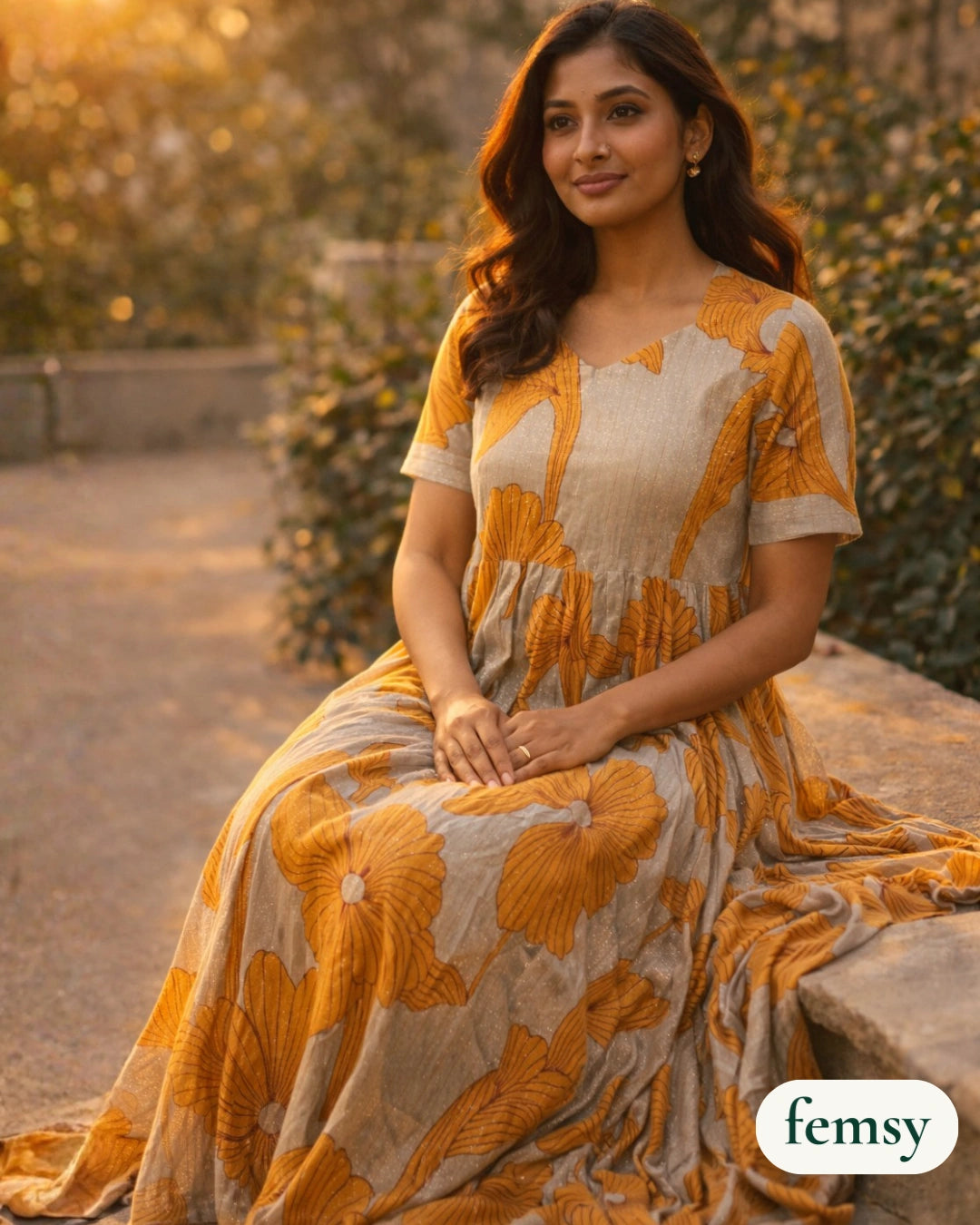 Femsy Two-Tone Cotton Lurex Floral Maxi Dress for Women