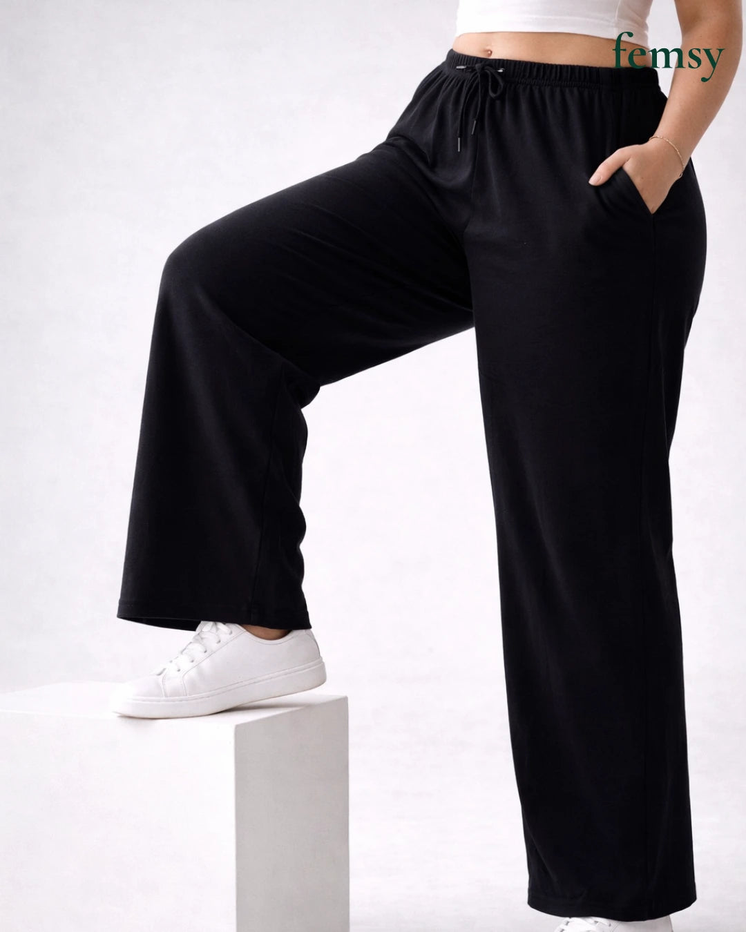 Femsy Women’s Cotton Knitted Lounge Pants – Relaxed Straight-Leg Comfort with Pocket