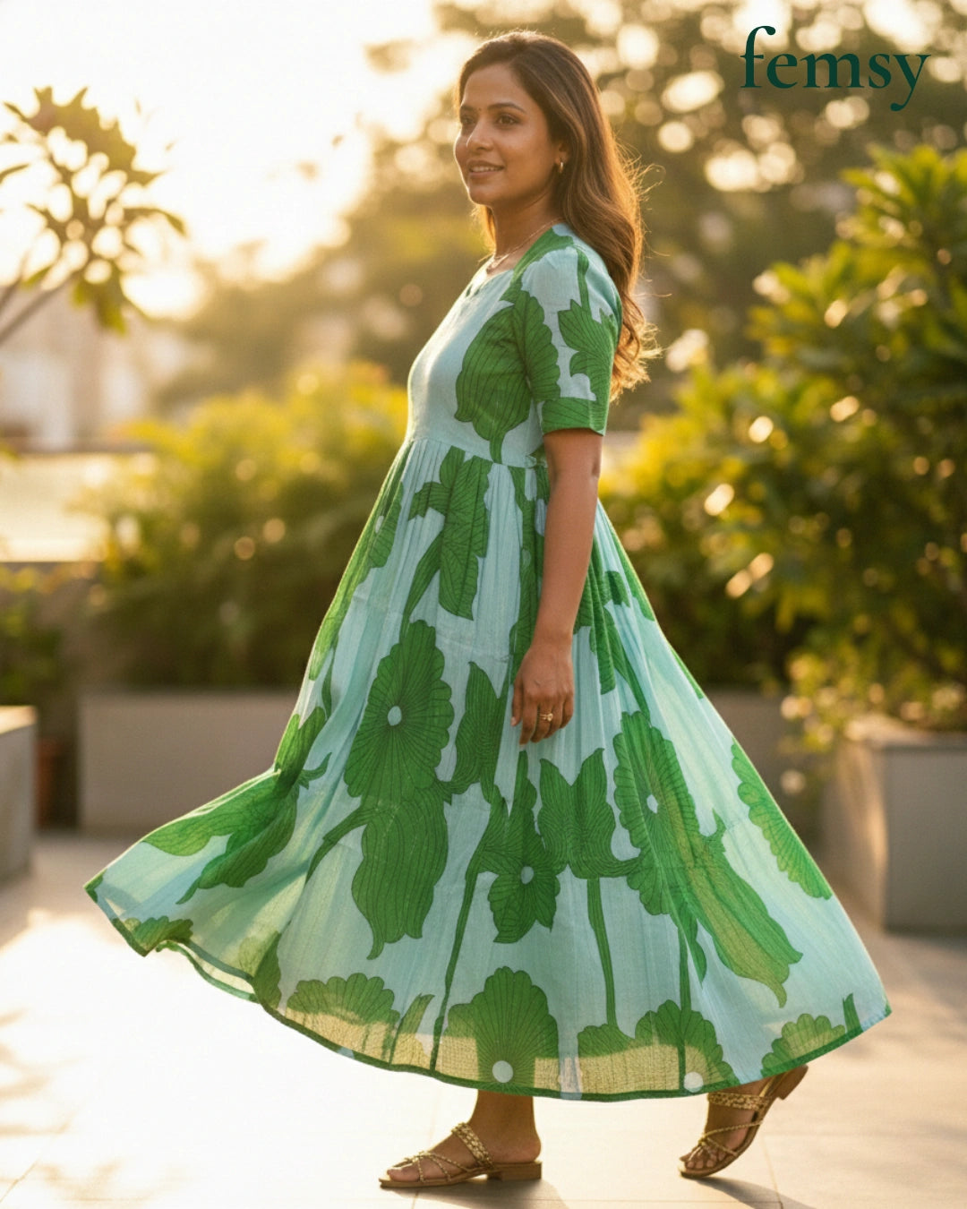 Femsy Two-Tone Cotton Lurex Floral Maxi Dress for Women