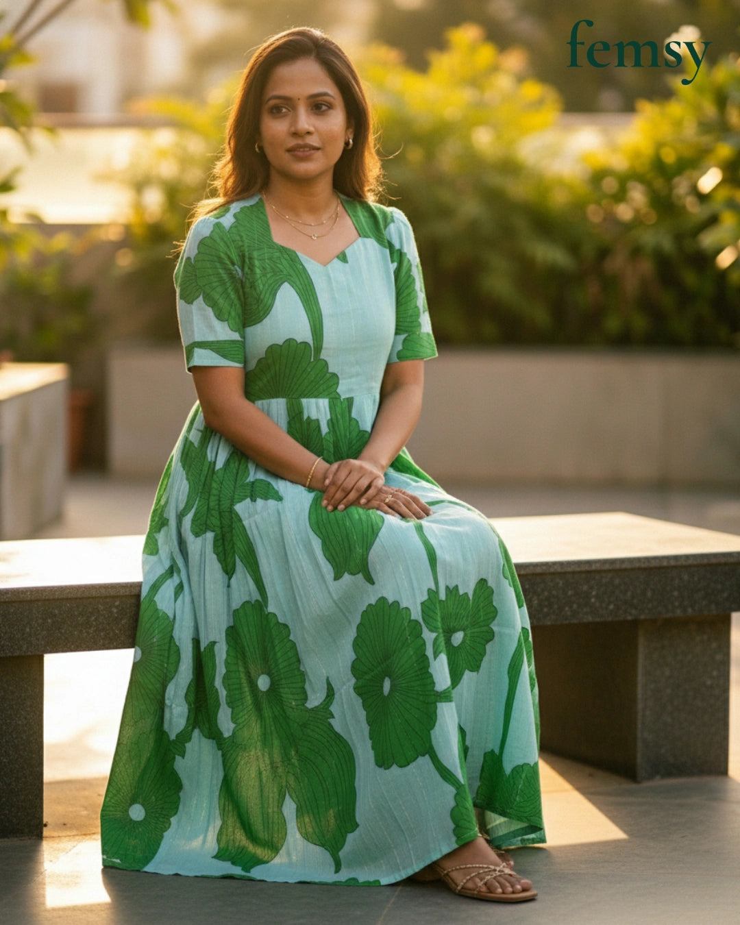 Femsy Two-Tone Cotton Lurex Floral Maxi Dress for Women