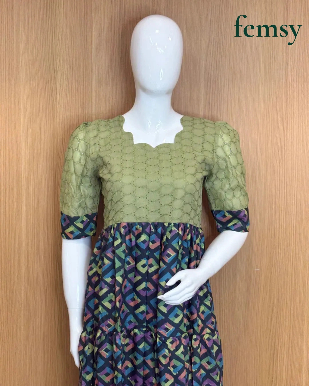 Sage Green Hakoba & Tiered Geometric Print Maxi Dress