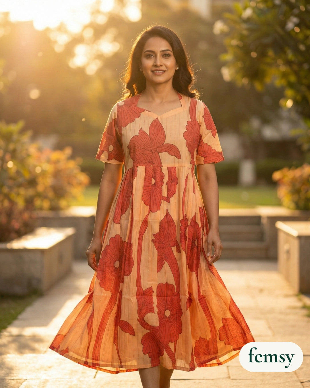 Femsy Two-Tone Cotton Lurex Floral Maxi Dress for Women