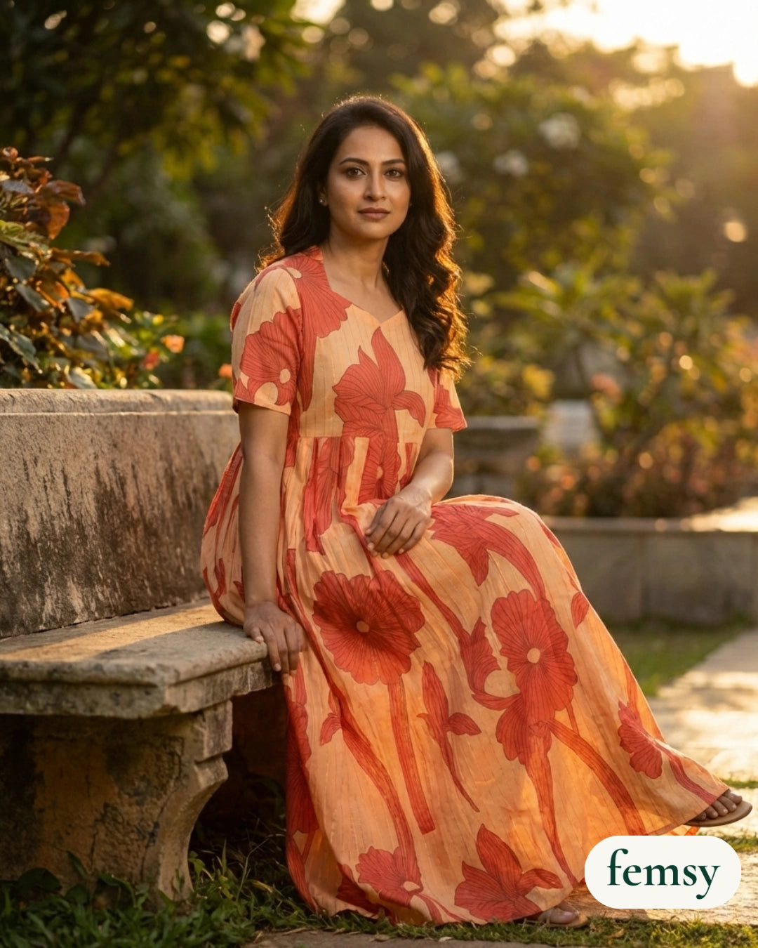 Femsy Two-Tone Cotton Lurex Floral Maxi Dress for Women