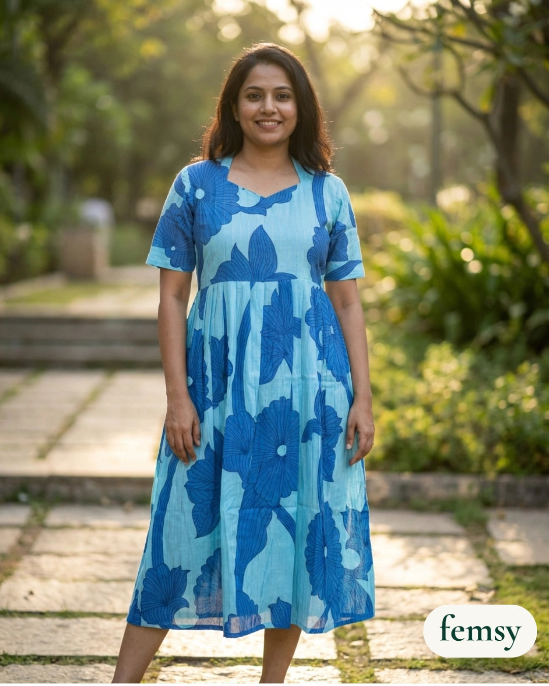 Femsy Two-Tone Cotton Lurex Floral Maxi Dress for Women